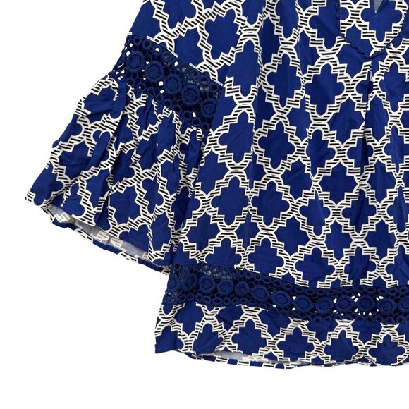 Crown Ivy Moroccan Market Blouse Womens Blue White Crochet Cutout Size PL - Picture 9 of 9